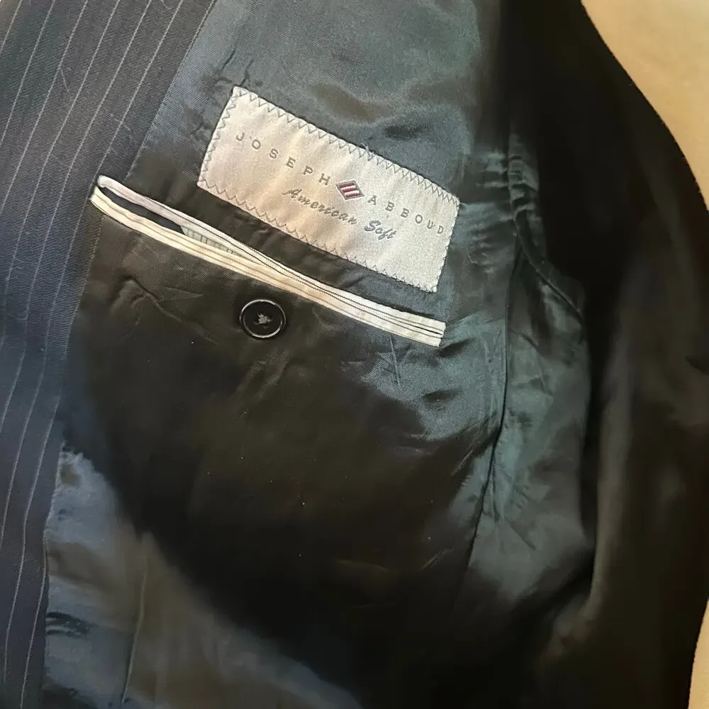 Joseph Abboud 100% Wool American Soft Suit Jacket, Black Pinstripe, Size 48 Long